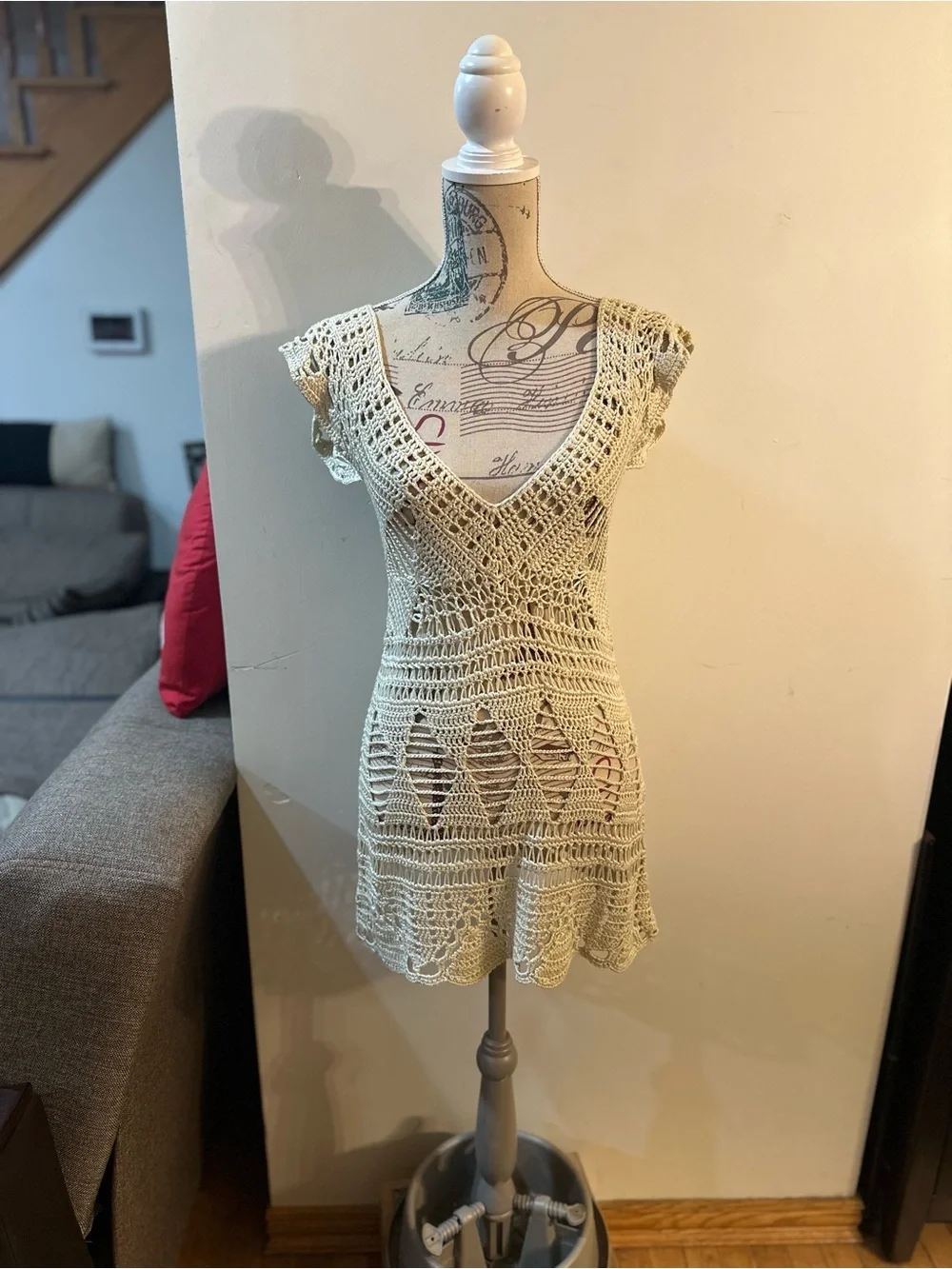 Cream Crochet V-Neck Swim Coverup Dress
